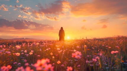 Wall Mural - Breathtaking Sunrise Over Blooming Meadow Symbolizing New Beginnings and Embracing the Energy of Fresh Starts