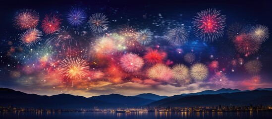 Aufkleber - The night sky dazzles with fireworks, creating a stunning display with vibrant colors and shapes, ideal for a copy space image.