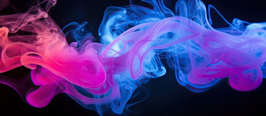 Poster - Neon pink, blue, and orange hues of spiritual energy create a misty cloud of color smoke that flows like steam on a dark black background, perfect for copy space images.