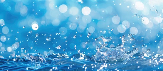 Poster - Water surface with splashes and bubbles, featuring a blurred blue background in sunlight, ideal for a copy space image.