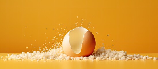 Wall Mural - Creating a cake with a dough ball and eggshell on a yellow background, providing a captivating copy space image.