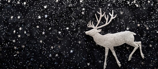 Aufkleber - Silver reindeer elk on black glitter background with room for text or images