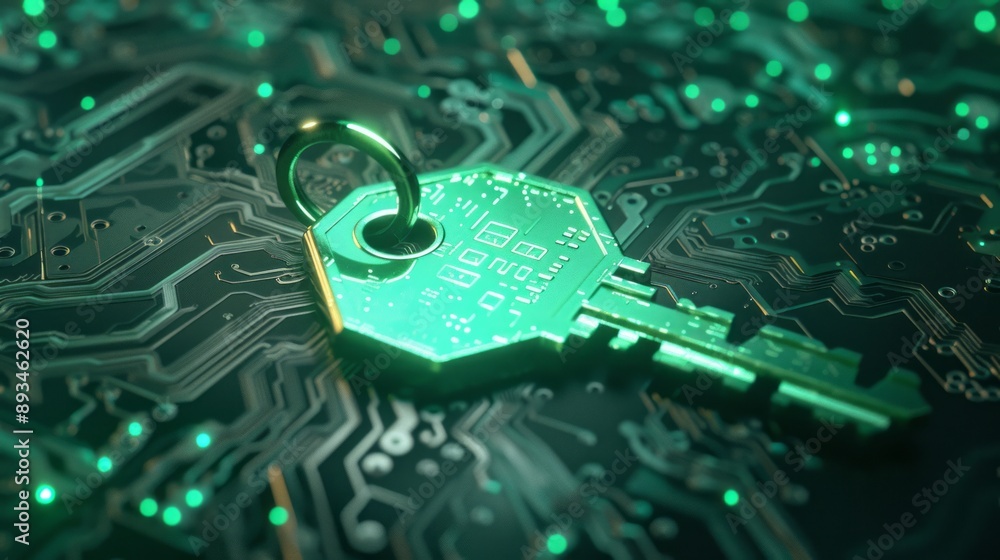 Glowing green digital key on a circuit board background symbolizing ...