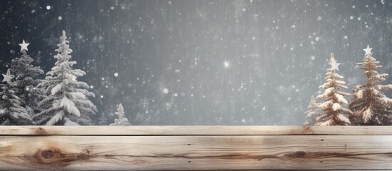 Aufkleber - Flat lay Christmas winter background with an old wooden board layered in fresh white snow, showcasing a serene copy space image.