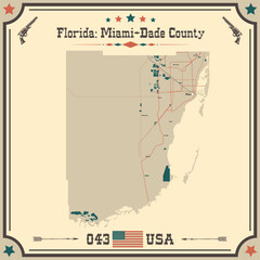  Large and accurate map of Miami-Dade County, Florida, USA with vintage colors.