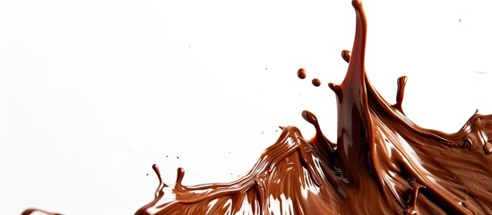 Poster - Close-up view of chocolate flowing on white background with copy space image.