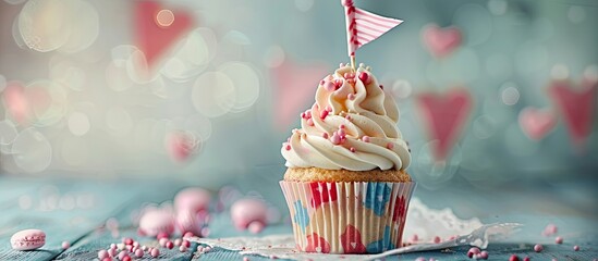 Poster - A cupcake adorned with a decorative flag, creating an appealing visual with copy space image potential.