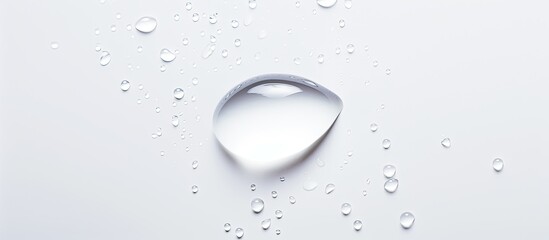 Poster - Close-up top view of a water drop on a white paper texture with selective focus, ideal for a moisturizing macro concept. The image includes copy space.