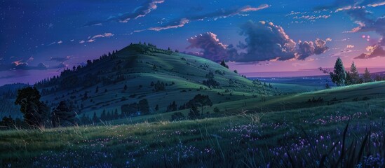 Wall Mural - Scenic evening backdrop displaying the Biei hill with copy space image.