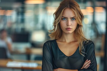 Canvas Print - Portrait of an angry young businesswoman standing with arms crossed in front of her desk, looking at the camera, with a blurred office background full of desks and computer. Generative AI.