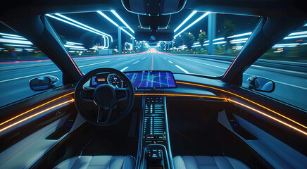 Poster - A driver view of a high way in a future car, a digital screen to show route. Generative AI.