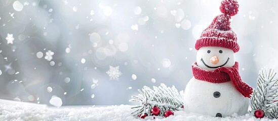 Poster - Winter-themed Christmas decoration featuring a snowman set against a snowy backdrop with abundant copy space image.