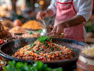 Poster - Delicious Arabic Food with Steaming Rice and Meat in a Large Black Pan - Illustration