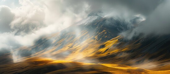 Poster - Mountain bathed in sunlight showcases yellow and brown hues with dark clouds drifting in the background, featuring noise and grain in the copy space image.
