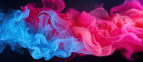 Poster - Neon pink, blue, and orange hues of spiritual energy create a misty cloud of color smoke that flows like steam on a dark black background, perfect for copy space images.