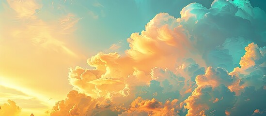 Poster - Scenic golden clouds on a blue sky at sunset create a beautiful nature background and a wonderful evening atmosphere, perfect for a cloudy forecast concept with copy space image.