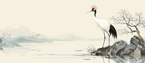 Sticker - Red-crowned crane by the water's edge with copy space image.