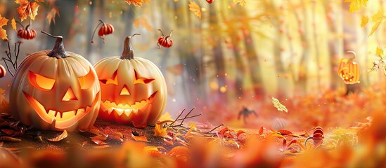 Poster - Autumn scene showcasing Halloween pumpkins with a blank space for adding an image.