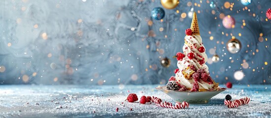 Aufkleber - Christmas tree cone-shaped dessert displayed on a concrete background with room for text or other design elements, creating a festive and delicious New Year's concept.
