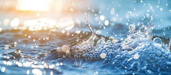 Poster - Water surface with splashes and bubbles, featuring a blurred blue background in sunlight, ideal for a copy space image.
