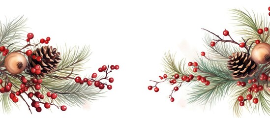 Aufkleber - An image featuring a Christmas-themed border with tree branches, red berries, and pine cones on a white background, ideal for adding text or other elements