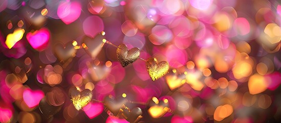 Sticker - A colorful display of pink and gold heart shapes in bokeh lights, perfect for Valentine's Day with copy space image.