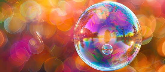 Fototapete - Macro close-up image showing vibrant colors reflecting on a soap bubble with a background ideal for text or design elements - copy space image.