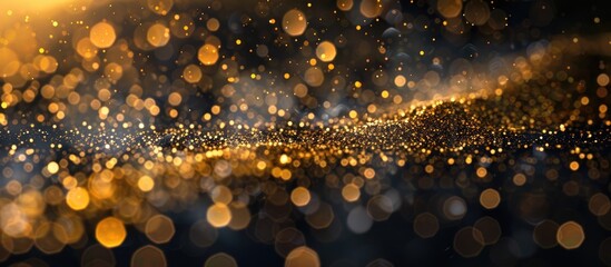 Aufkleber - Bokeh effect on black backdrop with abstract golden powder, creating a festive ambiance perfect for Christmas and New Year celebrations. Ideal for a copy space image.