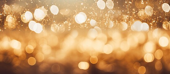 Aufkleber - Blurred golden bokeh background with glittering light spots creating a holiday-themed texture, ideal for wallpaper, and featuring copy space image.