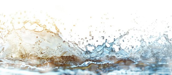 Wall Mural - Blurry focus on water splashes with waves, drops, and bubbles on a white backdrop, featuring a copy space image.