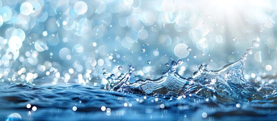 Poster - Water surface with splashes and bubbles, featuring a blurred blue background in sunlight, ideal for a copy space image.
