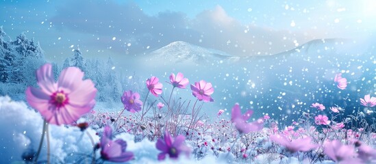 Aufkleber - Vivid colors in a winter nature scene with a cosmos flower field provide a picturesque view for a backdrop in an image with space for text.