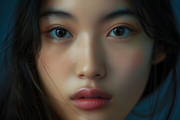 Wall Mural - Close up of face of pretty Asian woman with long dark hair