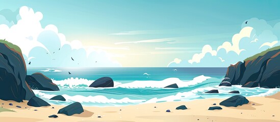 Poster - Scenic summer seaside banner with shore, sky, rocks, and ample copy space image.