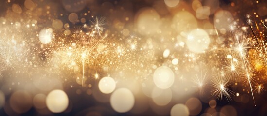 Sticker - New Year's Eve fireworks illuminate the sky with gold and silver colors, creating a festive bokeh effect perfect for a holiday-themed copy space image background.