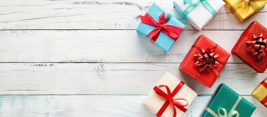 Fototapete - Colorful gift boxes with ribbons on a white wooden surface perfect for occasions like Christmas Valentine s Day or birthdays Viewing from the top with space for additional images