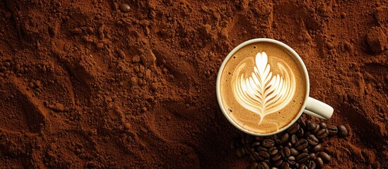 Wall Mural - A cup of latte or cappuccino coffee set beside brown coffee grounds with copy space image