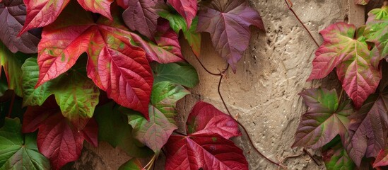 Poster - Vibrant burgundy and green leaves of Parthenocissus quinquefolia on a house wall ideal for autumn themed copy space image with space for text integration