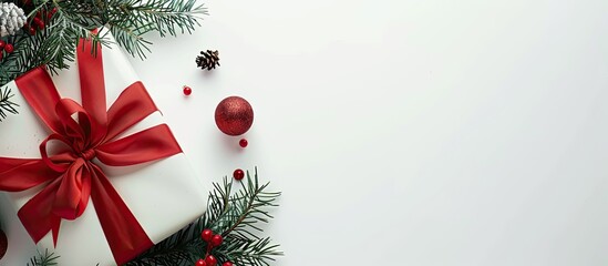 Poster - Vibrant Christmas present with a festive atlas ribbon and tree branches on a white backdrop ideal for a copy space image