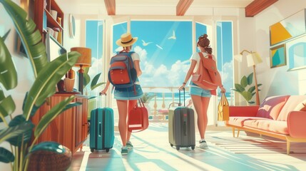 Lovely couple travel together check in vacation house with luggage