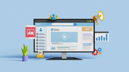Social media SEO marketing, digilal advertising, promotion, content marketing or online campaign concept.3D social media page on computer with marketing icons. 4k 3d animation. Trim 3 sec for loop