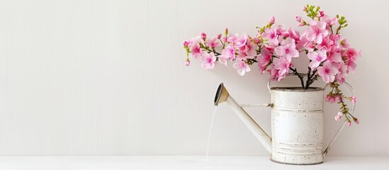 Poster - Pink summer flowers in a charming watering can on a white wall with ample copy space image