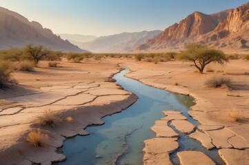 Poster - dry cracked riverbed in desert landscape at sunset
