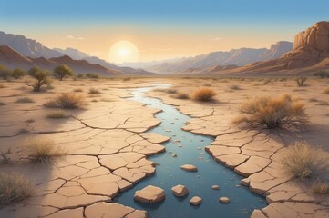 Poster - dry cracked riverbed in desert landscape at sunset
