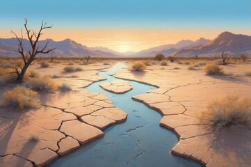 Poster - dry cracked riverbed in desert landscape at sunset
