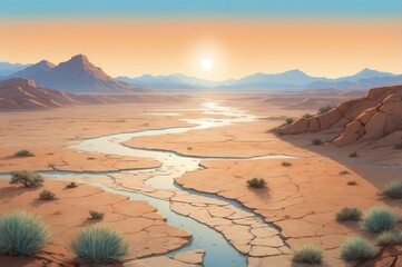 Poster - dry cracked riverbed in desert landscape at sunset
