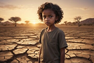 child standing in cracked desert landscape at sunset
