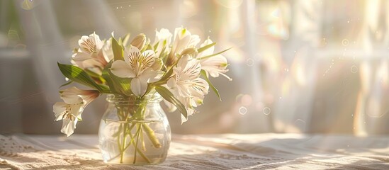 Poster - Close up of a glass jar with a beautiful bouquet of white alstroemeria flowers illuminated by the sun ideal for a copy space image