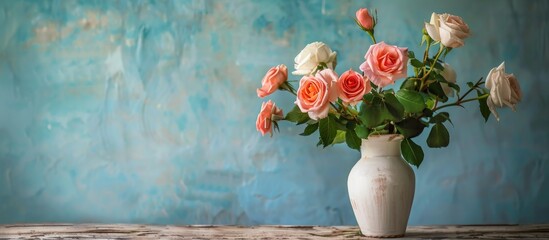 Poster - A beautiful bouquet of roses displayed in a vintage white vase on a wooden table against a rustic blue wall with ample copy space image