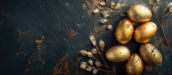 Wall Mural - Easter theme with decorated golden eggs and willow feathers on a stylish grunge black background Minimalistic flat lay with ample copy space image